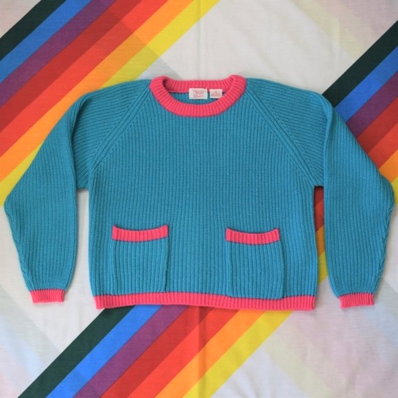 80s Hot Pink + Blue-Green Color-block Knit Sweater by Maggie & Me - Picture 1 of 4